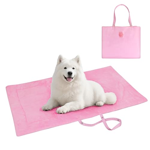 Kritter Planet Waterproof Foldable Dog Bed Pad for Camping & Travel, Portable Roll-Up Dog Bed Car Seat Pet Cushion Mat with Handles for Medium & Large Dogs, Indoor & Outdoor Use - color: Pink, size: 50"x28"