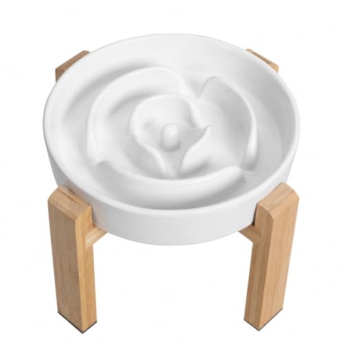 Elevated Slow Feeder Dog Bowl - Ceramic Food Dish with Bamboo Stand - Raised Maze Design - Ideal for Medium to Large Dogs - White - 8.8 inch - color: White, size: 2.5 CUP