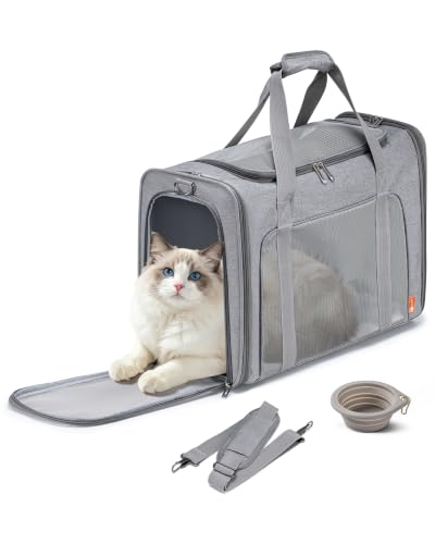 Soft-Sided Pet Carrier Bag Large Cat Small Dog Carriers,Grey | 55x40x23 cm Up To 26lbs For Medium Cats Dogs Puppies Collapsible Travel Puppy Carrier with Foldable Bowls - color: Grey