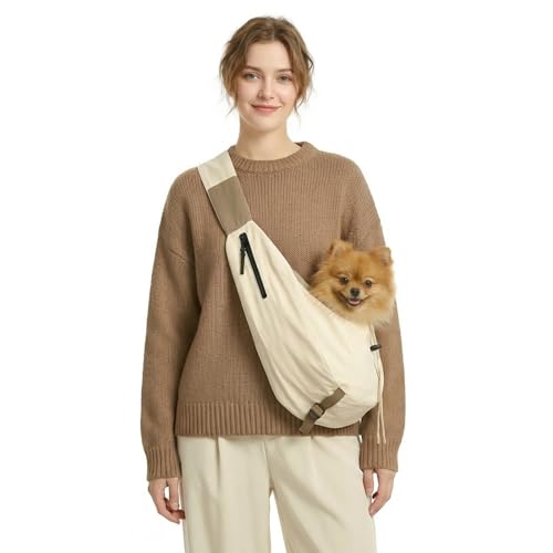Dog Carrier Sling for Small Dogs/Cats Up to 15 lbs - Multi-Pocket Oxford Pet Sling Carrier Bag with Adjustable Strap (Beige) - color: Beige