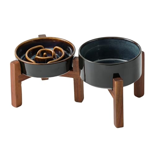 Havniva 0.9 Cup Elevated Slow Feeder Dog Bowls, 6.1” Dog Slow Feeding Bowls + 6.1” Ceramic Dog Water Bowls Set with Acacia Wood Stand, Dog Food Bowls Puzzle Feeder for Small Dogs Non-Slip Anti-choking - color: 2 x Starry Sky + Stand - A, size: S- 6.1inch