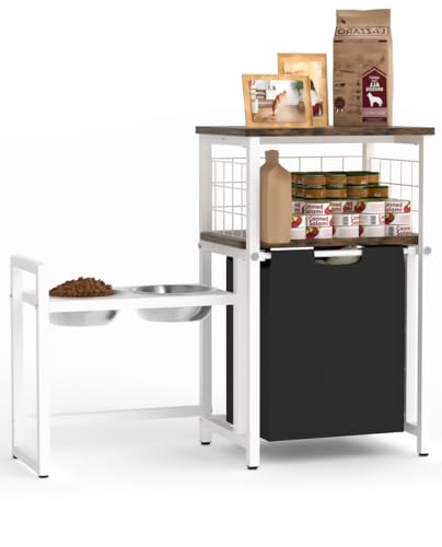 30.6Long x 26.2 High Elevated Dog Bowl Stand with Pet Food Storage Organizer, Adjustable Raised Feeding Station with Toy Basket for Large Medium Small Dogs and Cats, White - color: White