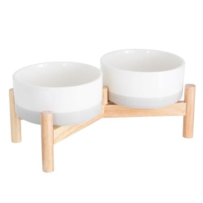 Ilyapa Ceramic Dog Bowls - Elevated for Medium Sized Pet with Raised Food and Water Set - Gray Double 6 inch, 28 Oz Bowls & 13x6.3x5.5 Wooden Stand - color: Gray