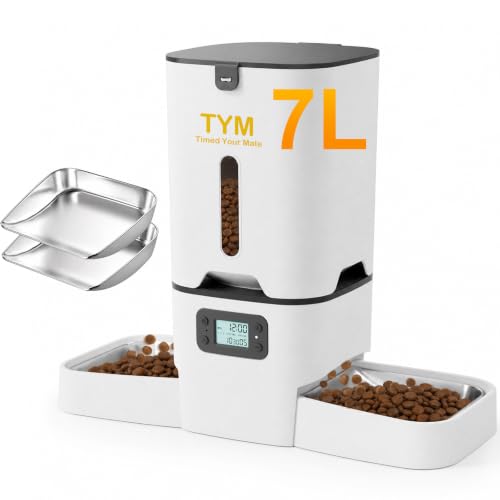 TYM Automatic Cat Feeder 2 Cats, 7L Cat Dry Food Dispenser with Double Bowls, Dual Auto Dog Feeder with Programmable Timer, Dual Power Supply, Easy to Clean for Multiple Cats and Small Dogs - color: White-2a