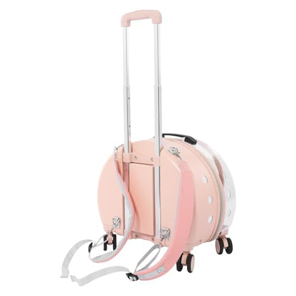 Cat Carrier with Wheels, Breathable Cat Rolling Carrier with Telescopic Handle, Bubble Cat Backpack Carrier, Pet Travel Bag for Small Dogs Pets, up to 19lbs, 15.7" x 10.6" x 17.7" (Pink) - color: Semi-Transparent Pink