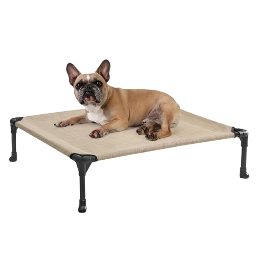 Veehoo Outdoor Elevated Dog Bed for Medium Dogs, Cooling Raised Dog Cot Off Ground Hammock Pet Beds with Breathable Mesh, No-Slip Feet, 32"x25", Beige Coffee - color: Beige Coffee, size: 32.0"L x 25.0"W x 7.0"Th
