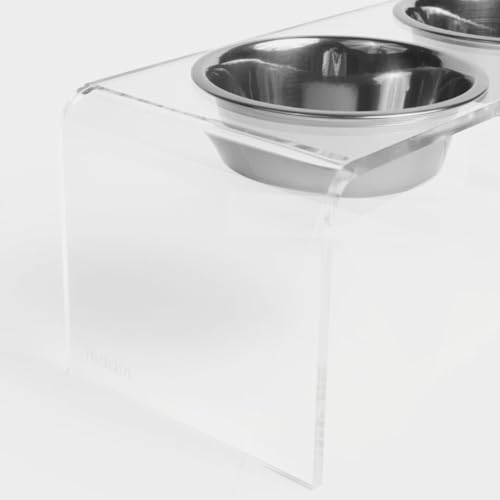 Hiddin Double Elevated Dog Bowl Stand for Medium or Large Dogs, All Breeds, Clear Acrylic 7 Inch Raised Dog Bowl Stand with Two Stainless Steel Bowls for Food and Water - 6.5 Cups Each Dish - size: 6.5 Cups