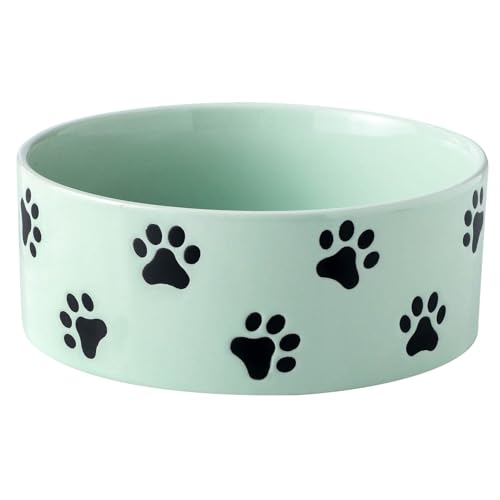 6.5 Inch Mint Green Ceramic Dog Bowl with Paw Print Pattern - Porcelain Wide Mouth Dog Food or Water Bowls, Large Feeding Pet Bowls for Indoor Medium Sized Dogs, for Wet or Dry Food - color: Mint Green