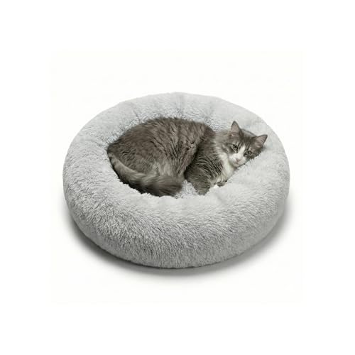 Cozy Plush Calming Dog & Cat Bed – Anti-Anxiety, Washable Round Donut Bed for Small & Medium Pets – Soft, Fluffy, Vacuum Packed (Gray, S) - size: S