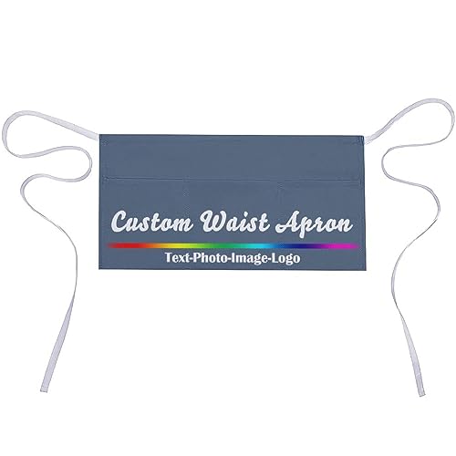 sophiehome Custom Waist Apron with Pockets Add Photo Logo Name Personalized Waiter Server Short Aprons for Kitchen - color: Indigo Blue
