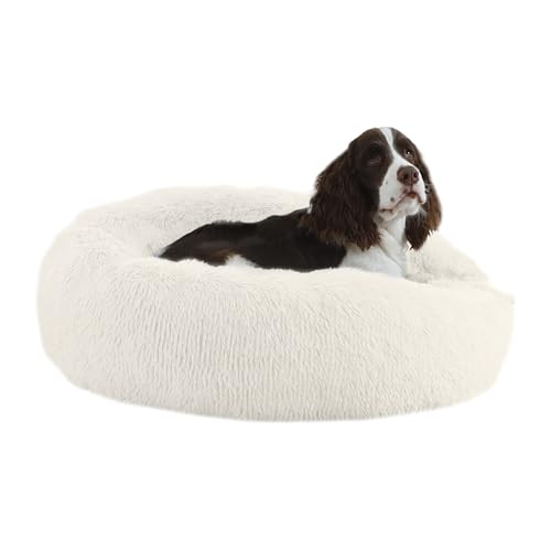 Bunlitent 30'' Donut Dog Bed, Calming Dog Bed for Medium Sized Dog, White | Plush Anti-Anxiety, Donut Shape, Warming Cozy, Round Cuddler Nest, Soft Cute,Marshmallow Cuddler Nest Pet Bed - color: White, size: 30"L x 30"W x 8"Th
