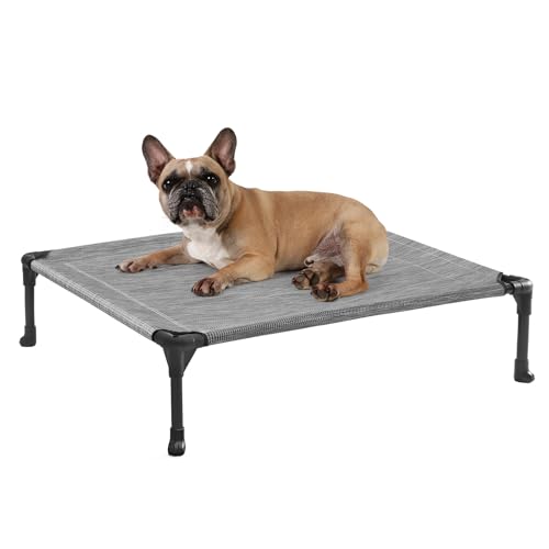 Veehoo Outdoor Elevated Dog Bed for Medium Dogs, Cooling Raised Dog Cots Beds Training Platform Off Ground Hammock with Breathable Mesh, No-Slip Feet, 32"x25", Black Silver - color: Black Silver, size: 32.0"L x 25.0"W x 7.0"Th