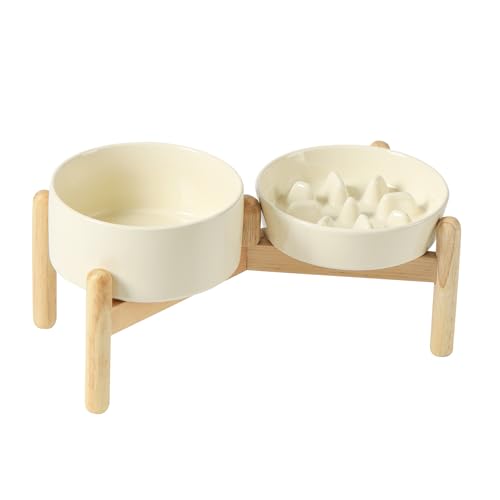Havniva 6.1” Raised Slow Feeder Dog Bowls Set, 0.9 Cups Ceramic Slow Feeder Dog Bowl and 6.1” Dog Water Bowl with Elevated Wooden Stand Puzzle Dog Food Bowl for Small Dogs Anti-Gulping & Anti-Choking - color: 2 x Light Yellow+Stand-C, size: 6.1inch