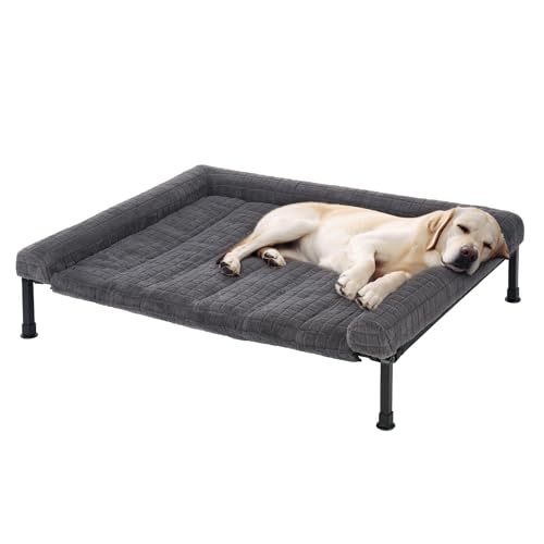 Veehoo Elevated Dog Bed Large Sized with Fluffy Plush Bolster Cushion, Washable Orthopedic Dog Couch Bed, Cooling Raised Pet Cot with Removable Mat, Breathable Mesh, No-Slip Feet, 42 x 30 inches, Grey - color: Grey, size: 42"L x 30"W x 7.9"Th