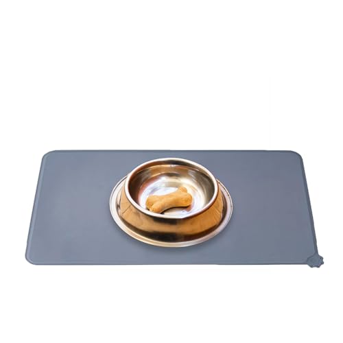 Silicone Pet Feeding Mat for Dogs & Cats – Non-Skid Waterproof Food & Water Bowl Mat with Raised Edges, Easy to Clean Pet Food Floor Mat, Durable Gray Pet Placemat, 19 x 12 Inches