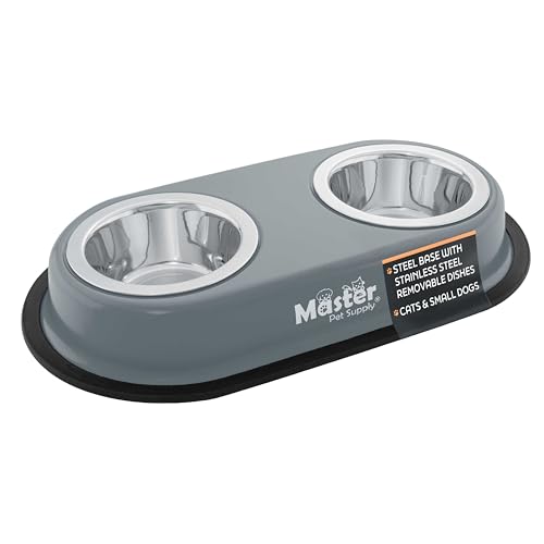 Master Pet Supply Double Dog Bowls Set with Elevated Base and 2 (8 oz) Stainless Steel Removable Dishes (Graphite) – Double Cat Food Water Bowl, Dog Puppy Food Bowl Set, Rust Resistant - color: Graphite