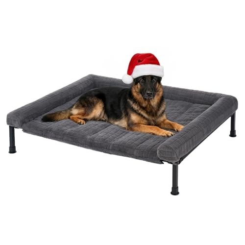 Veehoo Elevated Dog Bed Large Sized with Fluffy Plush Bolster Cushion, Washable Orthopedic Dog Couch Bed, Cooling Raised Pet Cot with Removable Mat, Breathable Mesh, No-Slip Feet, 45 x 34 inches, Grey - color: Grey, size: 45"L x 34"W x 7.9"Th