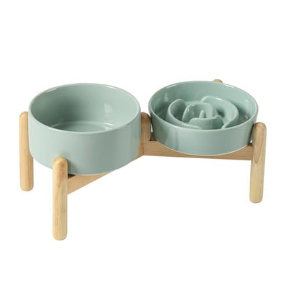 Havniva 6.1” Raised Slow Feeder Dog Bowls Set, 0.9 Cups Ceramic Slow Feeder Dog Bowl and 6.1” Dog Water Bowl with Elevated Wooden Stand Puzzle Dog Food Bowl for Small Dogs Anti-Gulping & Anti-Choking - color: 2 x Light Green+Stand-A, size: 6.1inch-New