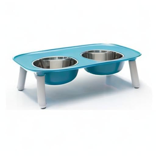 Messy Mutts Elevated Double Feeder with Stainless Bowls | Adjustable Height 3”, 5”, or 10” | Adjustable Standing Feeder for Dogs | 5 Cups per Bowl | Blue - color: Blue