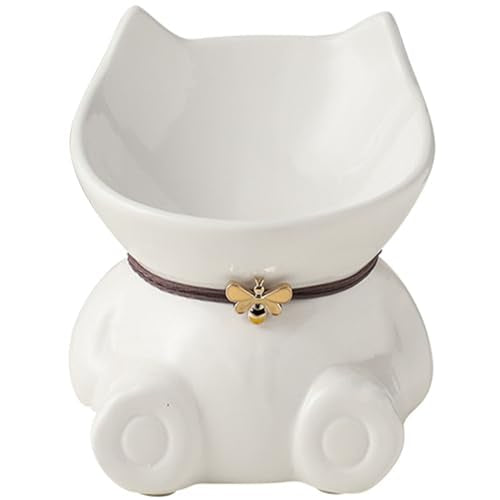 Disoza Ceramic Raised Cat Bowls for Indoor Cats 5.8 Inch White Cute Elevated Food Bowls 15° Tilted Whisker Friendly Water Bowl Dishwasher Safe Puppy Feeding Set Supplies Dog Accessories - color: White Cute Elevated Cat Food Bowls