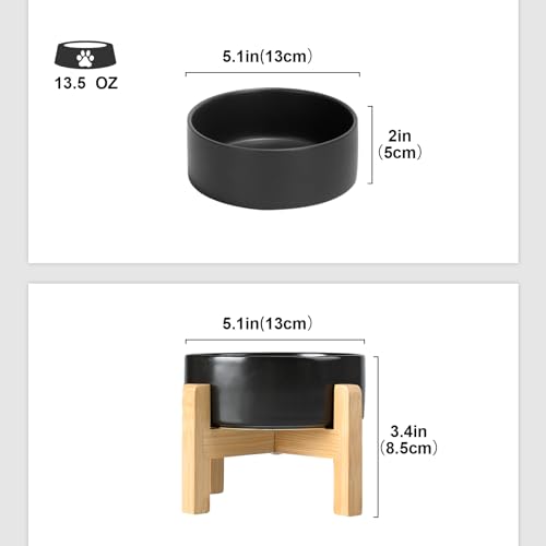 SPUNKYJUNKY Ceramic Elevated Dog Bowls 2 Pack - 5.1inch Raised Dog Bowls with Non-Slip Wooden Stand for Small Dogs Dishwasher Safe(Black,13.5OZ*2) - color: Black, size: Small - 1.7 CUPS*2