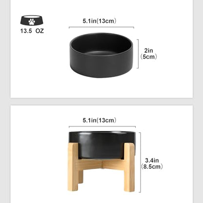 SPUNKYJUNKY Ceramic Elevated Dog Bowls 2 Pack - 5.1inch Raised Dog Bowls with Non-Slip Wooden Stand for Small Dogs Dishwasher Safe(Black,13.5OZ*2) - color: Black, size: Small - 1.7 CUPS*2