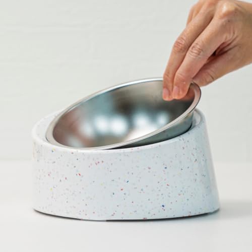 bzyoo 16oz Tilted Dog Bowl for Small Dogs & Cats, 15° Elevated Stainless Steel Pet Feeder, Ergonomic Anti-Vomiting Food Bowl for Frenchie, Pug, Persian Cat, Non-Skid Melamine Stand, Sprinkle (White) - color: White
