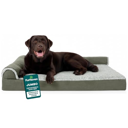 FurHaven Orthopedic Dog Bed for Large Dogs, L-Shaped Chaise Mattress with Orthopedic Egg Crate & Solid Orthopedic Foam Base for Joint Support, Washable Cover, Jumbo XL, Faux Fur & Suede, Dark Sage - color: Dark Sage, size: Jumbo