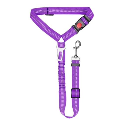 Dog Seat Belt, Adjustable Dog Safety Belt Leash, 2 in 1 Latch Bar Attachment Dog Car Seatbelt with Elastic Nylon Bungee Buffer Reflective Connect to Dog Harness（43in*0.98in） (Purple) - color: Purple