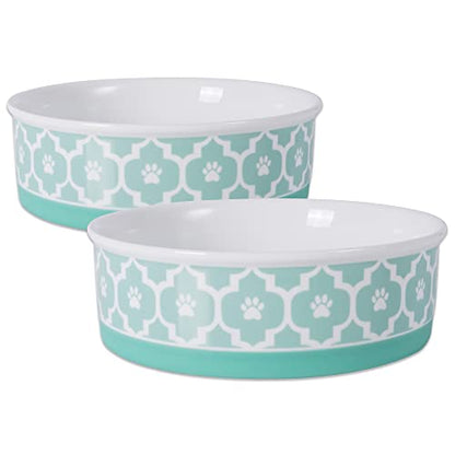 Bone Dry Paw Print Ceramic Pet Bowl, Lattice Collection, Large Set, 7.5x2.4", Aqua, 2 Count - color: Aqua, size: Large Set, 7.5x2.4"