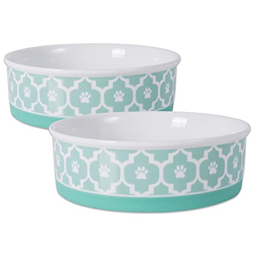 Bone Dry Paw Print Ceramic Pet Bowl, Lattice Collection, Large Set, 7.5x2.4", Aqua, 2 Count - color: Aqua, size: Large Set, 7.5x2.4"