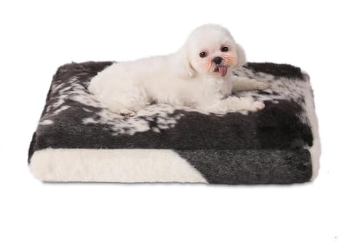 Bedfolks Waterproof Crate Bed, Plush Dog & Cat Bed with Removable Washable Cover, Faux Fur Kennel Pad, 21"x13", Black-White Cowhide - color: Black-white cowhide, size: X-Small(21x13'')