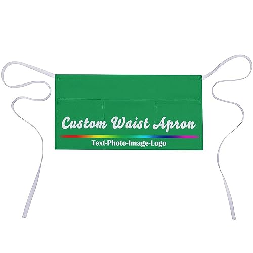 sophiehome Custom Waist Apron with Pockets Add Photo Logo Name Personalized Waiter Server Short Aprons for Kitchen - color: Irish Green