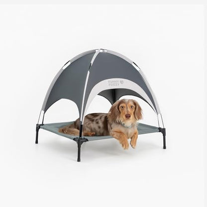 FUNNY FUZZY Elevated Cooling Dog Bed with Canopy(30"x24"x7") – Dog Cot Bed for Small,Medium Dogs with UV Shade, Breathable Mesh for Cooling, Indoor & Outdoor Use for Dogs up to 120 lbs