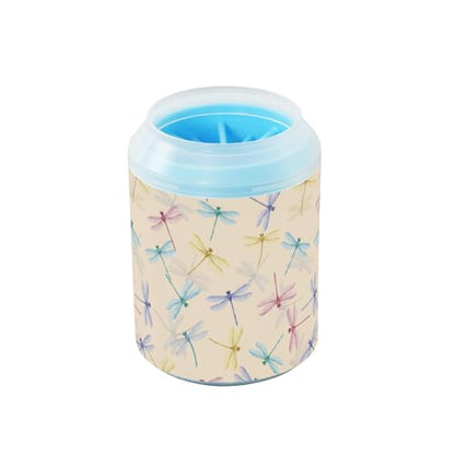 Dragonflies Beige Pattern Dog Paw Cleaner Cup with Soft Silicone Brush, Small Lightweight Portable Muddy Paw Washer for Dogs, Easy to Use Pet Foot Cleaner