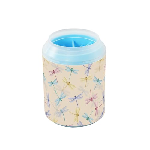 Dragonflies Beige Pattern Dog Paw Cleaner Cup with Soft Silicone Brush, Small Lightweight Portable Muddy Paw Washer for Dogs, Easy to Use Pet Foot Cleaner