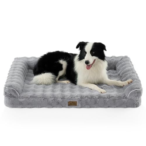 Faux Fur Orthopedic Dog Bed, Super Soft Large Dog Bed, Supportive Foam Bolster Pet Sofa with Waterproof Lining Cover, Washable U-Shaped Pet Couch with Anti-Slip Bottom Design, Grey XL 42x30x7 inch - color: Grey, size: XL (42x30x7 inch)