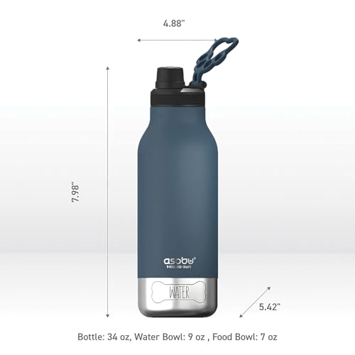 asobu Dog Barky Bottle - 음식, 간식 및 물을 위한 탈착식 강아지 그릇 2개가 있는 단열 스테인리스 스틸 물병 - 하이킹, 도로 여행 및 야외 모험을 위한 반려동물 친화적인 여행용 병 - color: 블루.