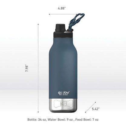 asobu Dog Barky Bottle - 음식, 간식 및 물을 위한 탈착식 강아지 그릇 2개가 있는 단열 스테인리스 스틸 물병 - 하이킹, 도로 여행 및 야외 모험을 위한 반려동물 친화적인 여행용 병 - color: 블루.