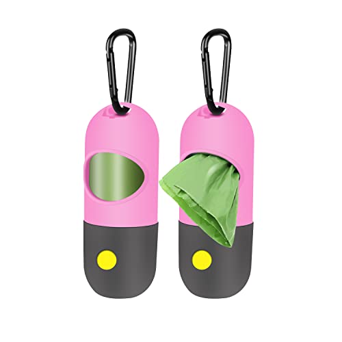 2 Pack Dog Poop Bag Dispenser with Built-in LED Flashlight, Pet Waste Bag Holder for Leash with Carabiner Clip for Lead Leash, 2 Rolls Leak-proof Doggy Waste Bags for Dog Walking, Pink, Eliamo - color: Pink