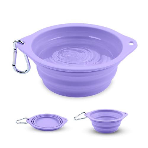 Collapsible Dog Bowl - 800ml/27 oz Portable Silicone Travel Water Bowl for Dogs with Carabiner | Foldable, Dishwasher Safe | Hiking, Camping Dog Essentials & Outdoor Pet Feeding - Purple - color: Purple