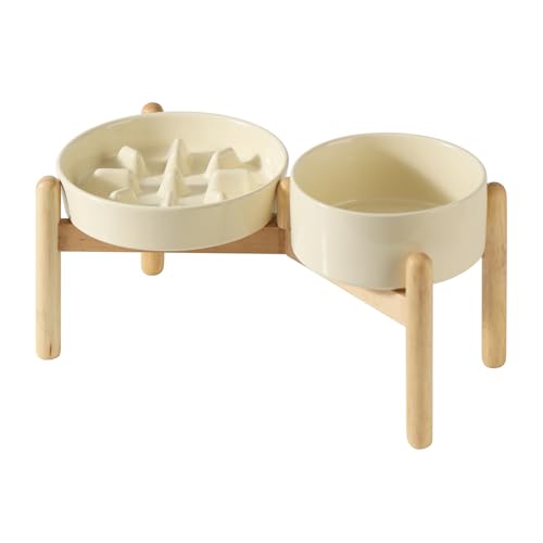 Havniva 7.3” Raised Slow Feeder Dog Bowls Set, 1.2 Cups Ceramic Slow Feeder Dog Bowl and 6.1” Dog Water Bowl with Elevated Wooden Stand Puzzle Dog Food Bowl for Small Dogs Anti-Gulping & Anti-Choking - color: 2 x Light Yellow+Stand-C, size: 7.3inch