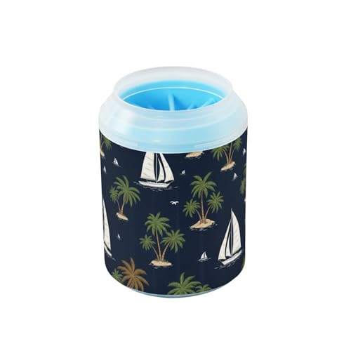 Tropical Palm Tree Blue Print Dog Paw Cleaner Cup with Soft Silicone Brush, Portable Small Lightweight Muddy Paw Washer for Dogs, Easy to Use Pet Foot Cleaner
