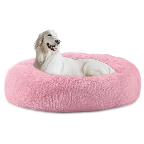 Bunlitent 39 inch Calming Dog Bed, Donut Dog Bed for Large Sized Dog, Pink | Plush Anti-Anxiety, Donut Shape, Warming Cozy, Round Cuddler Nest, Soft Cute,Marshmallow Cuddler Nest Pet Bed - color: Pink, size: 39"L x 39"W x 8"Th