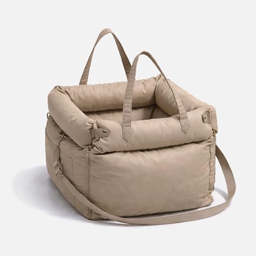 Dog Booster Car Seat for Small Dogs, Stable Non-Slip Design Up to 35 lbs, Water-Resistant PU Travel Carrier with Headrest Straps, Built-in Tether & Storage — Gray