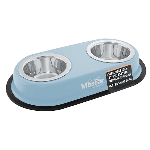 Master Pet Supply Double Dog Bowls Set with Elevated Base and 2 (8 oz) Stainless Steel Removable Dishes (Glacier Blue) – Double Cat Food Water Bowl, Dog Puppy Food Bowl Set, Rust Resistant - color: Glacier Blue