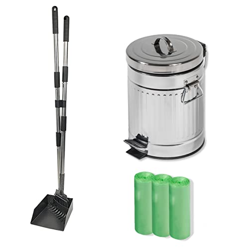 Outdoor Waste Can, Poop Scoop with Rake, Bag Roll 3-Pack Bundle
