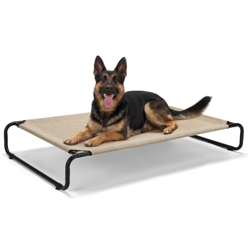 Veehoo Cooling Elevated Dog Bed, Outdoor Dog Bed for Large Dogs, Raised Dog Cot with Thickened Frame, Durable Teslin Mesh & Anti-Slip Rubber Feet, Pet Hammock for Indoor or Camping, 53" x 33", Beige - color: Beige, size: 53.0" x 33.0" x 7.9"