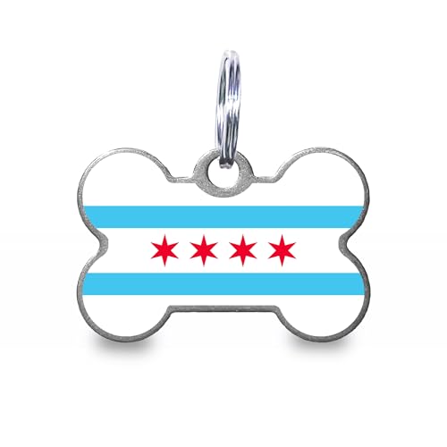 Chicago Flag Personalized Dog Tag Custom Engraved Stainless Steel Pet ID Tag with Silencer and Split Ring, Bone - color: Chicago Flag, size: Bone