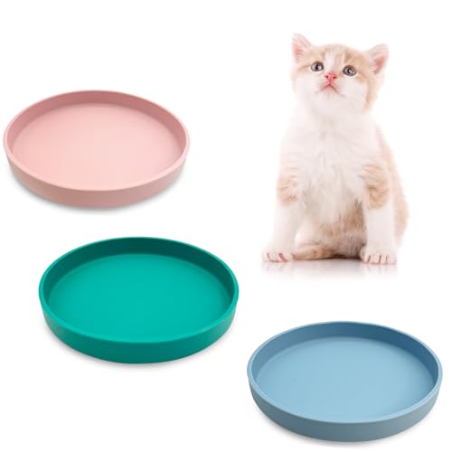Silicone Cat Food Bowl Shallow Dishes 5.9in Wide Cats Bowls 3 Pcs Kitty Plates Relief Whisker Fatigue Puppy Feeding Bowl for Dry and Wet Food Indoor (Blue + Pink + Green) - color: Blue + Pink + Green, size: M: 5.9 inches - without Suction Cup